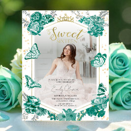 Sweet 16 Budget Photo Invitation Green Butterfly