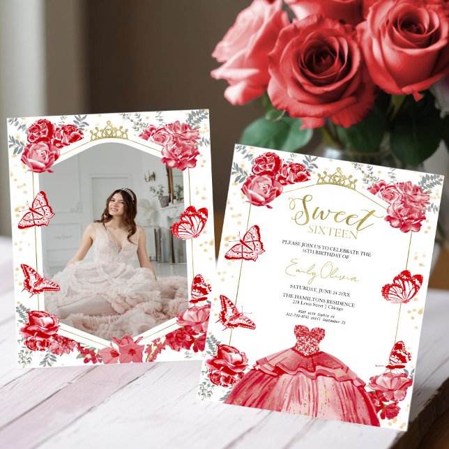 Sweet 16 Budget Photo Invitation Red Butterfly (Criador carregado)
