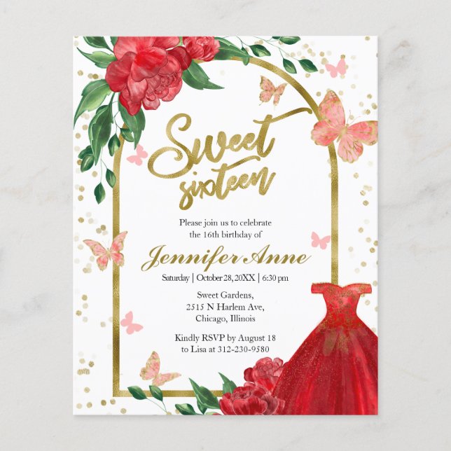 Sweet 16 Butterflys Red Budget Invitation (Frente)