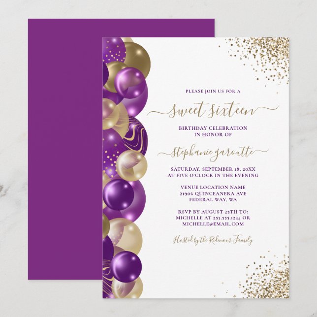 Sweet 16 Purple Dourado Balão Sparkle Convite (Frente/Verso)