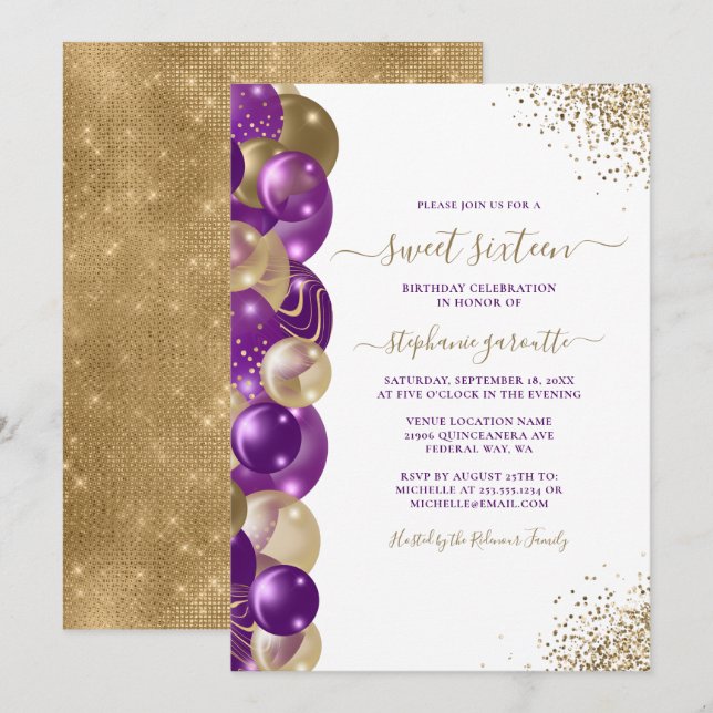 Sweet 16 Purple Dourado Balão Sparkle Convite (Frente/Verso)