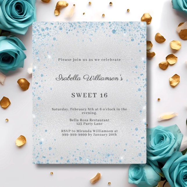 Sweet 16 silver blue glitter party invitation (Criador carregado)