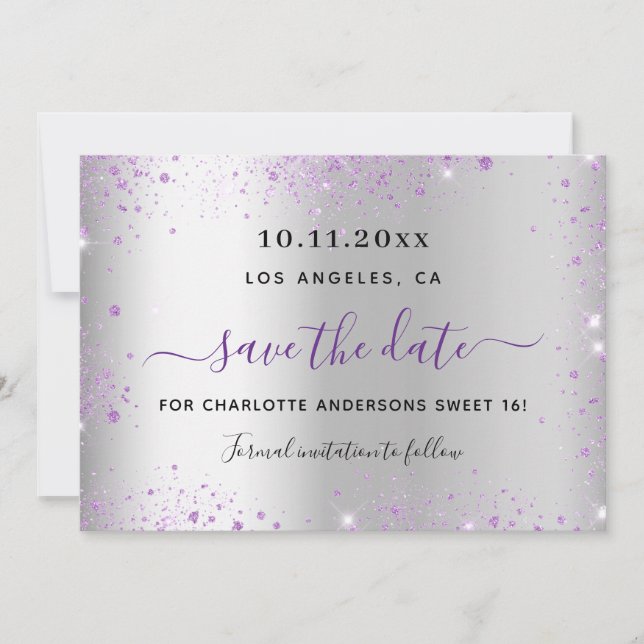 Sweet 16 silver purple save the date (Frente)