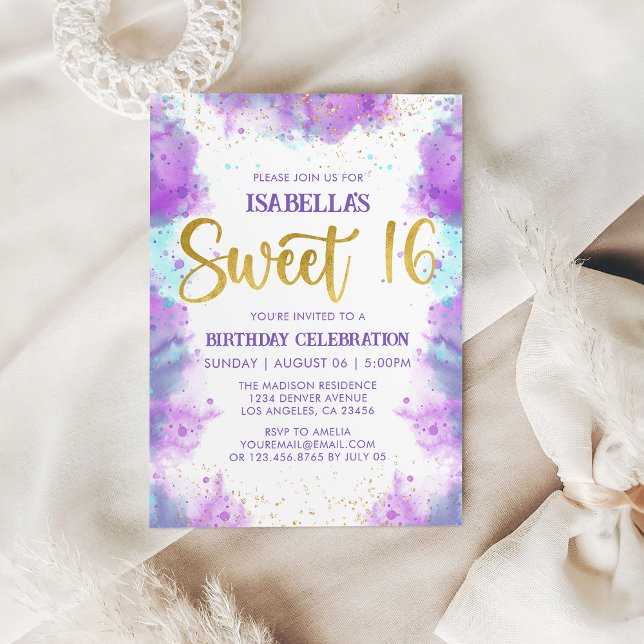 Sweet 16 Watercolor Dourado com Púrpura (Sweet 16 Watercolor Purple Gold Invitation
)