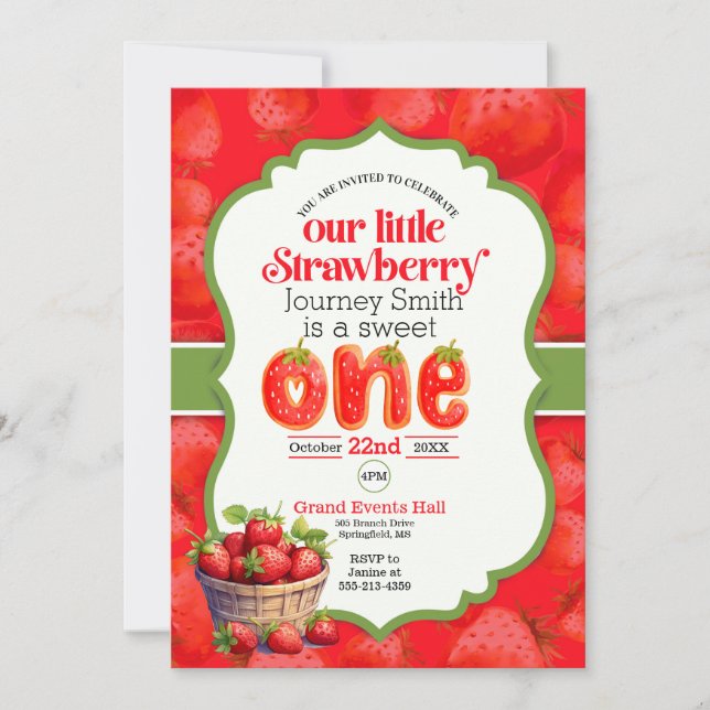 Sweet One Strawberry primeiro convite de aniversár (Frente)