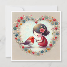 Sweet Robin and Little Girl Floral Heart