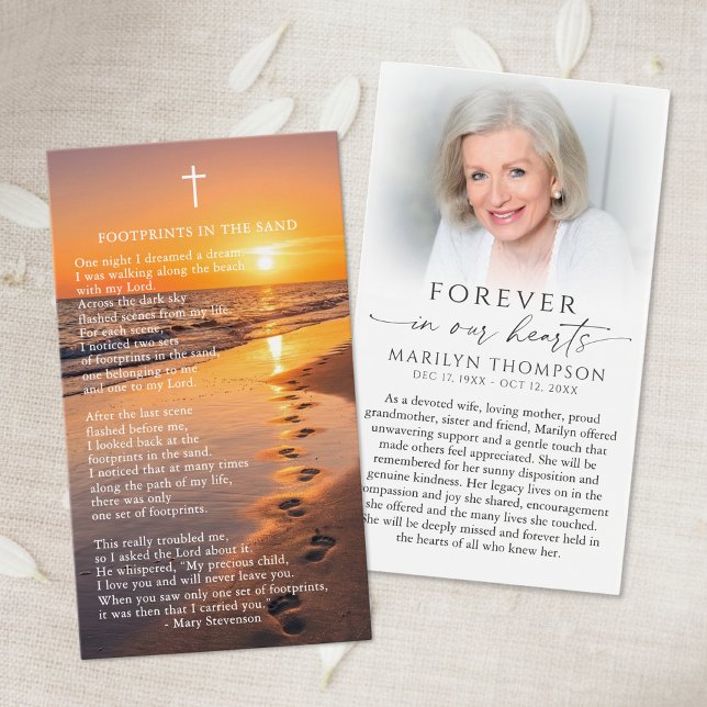 Sympathy Footprints In The Sand Photo Prayer Card (Criador carregado)