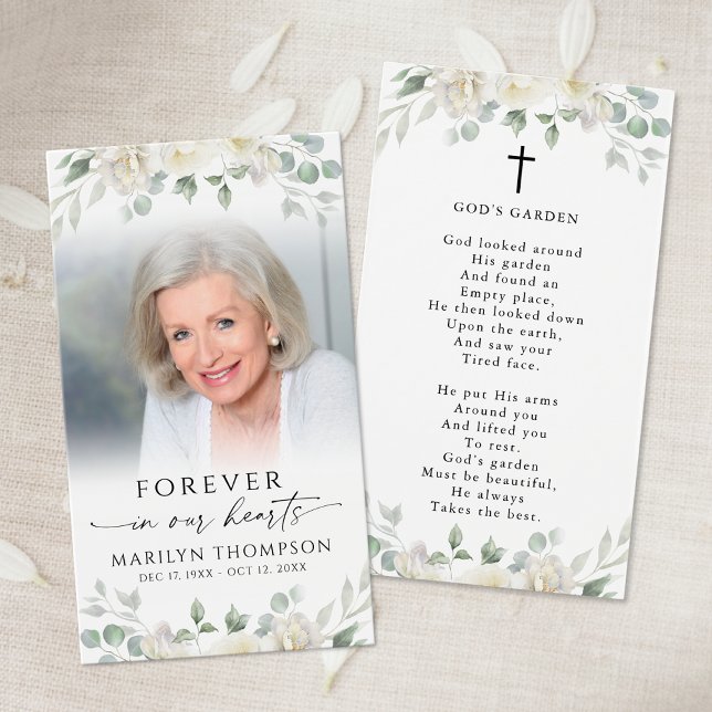 Sympathy White Floral Photo Cross Poem Prayer Card (Criador carregado)