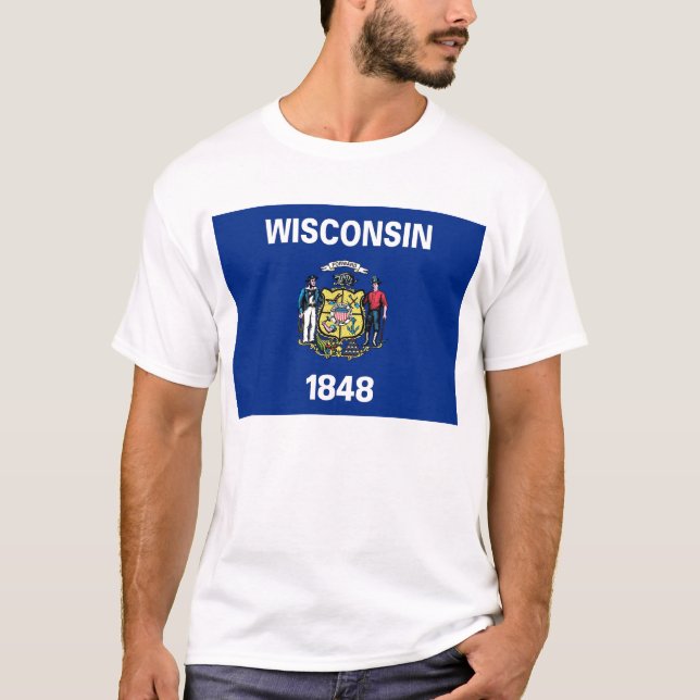 T Camisa com Bandeira do Estado de Wisconsin EUA (Frente)