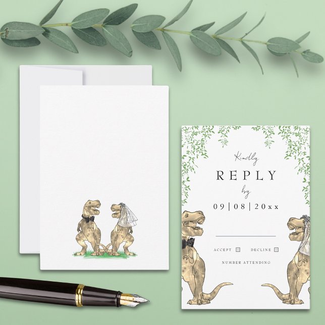 T-Rex Bride e Groom Dinossaur Resposta de Casament (Dinosaur theme wedding invitation rsvp enclosure card with eucalyptus watercolor botanicals)