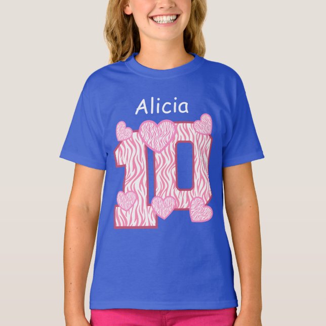 T-shirt 10º aniversário Zebra PINK Hearts Nome Personaliza (Frente)