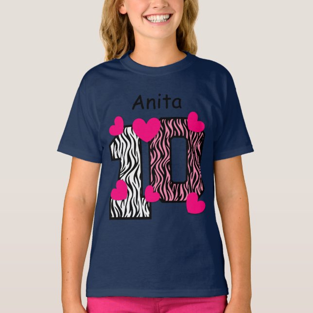 T-shirt 10º Aniversário, Zebra Rosa, Nome Personalizado V0 (Frente)