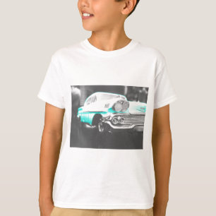 T-shirt 1958 chevy impala azul brilhante carro clássico