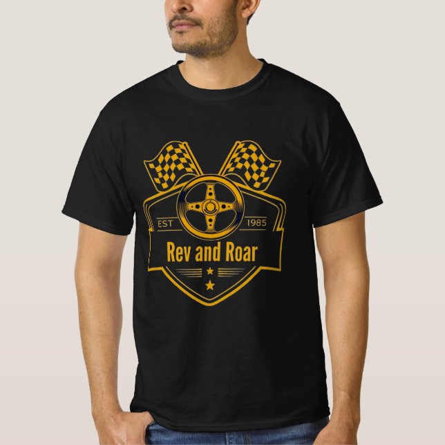 T-Shirt 1985 Car Racing "Rev and Roar" (Frente)