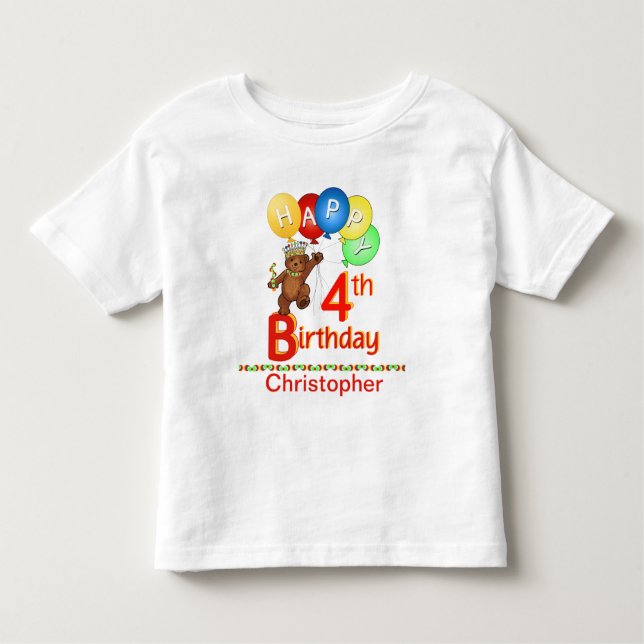T-shirt 4. Aniversário Ursinho Regal Nome Personalizado do (Frente)