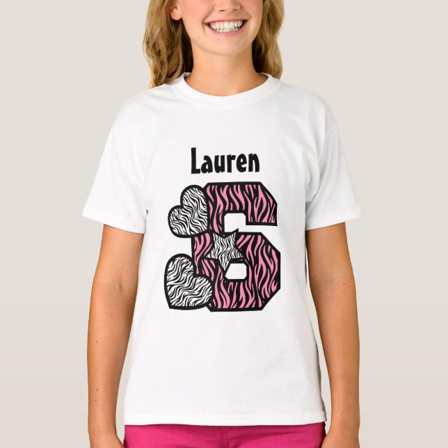T-shirt 6 Birthday Zebra Star Hearts Cinco anos V03E (Frente)