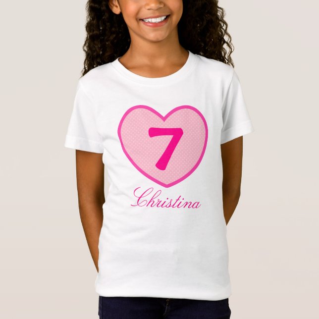 T-shirt 7 Birthday Girl Pink Heart & Dots Personalizado (Frente)