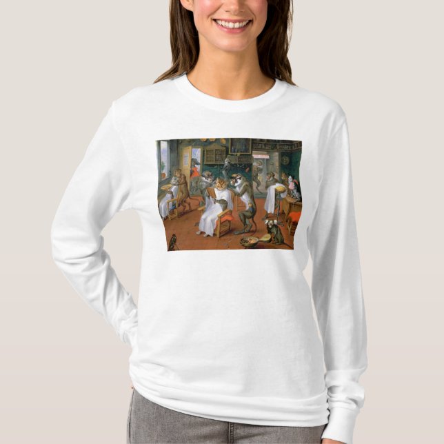 T-shirt A loja de barbeiro com macacos e gatos (Frente)