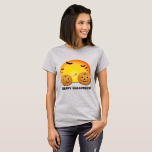 T-shirt Abóboras Morcegos Laranja Lua Feliz Halloween