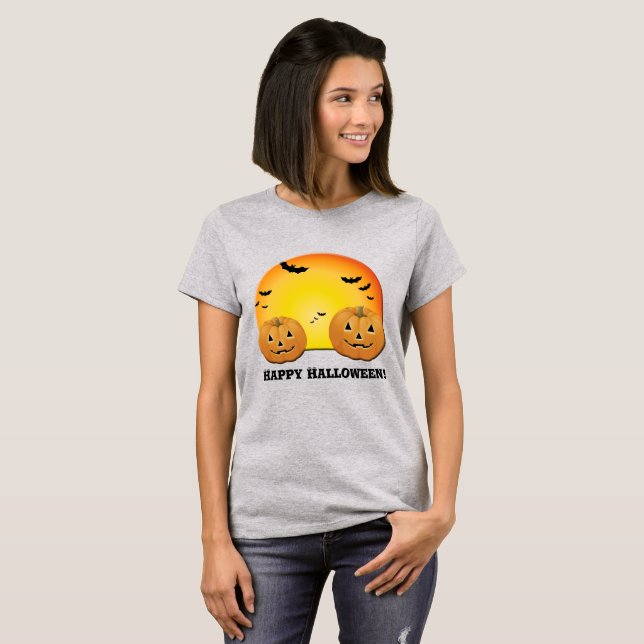 T-shirt Abóboras Morcegos Laranja Lua Feliz Halloween (Frente Completa)