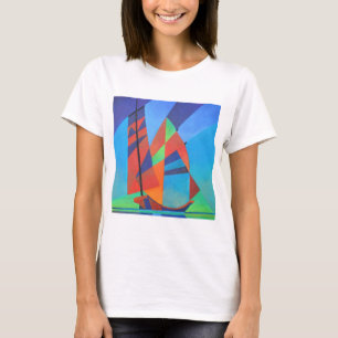 T-shirt Abstrato Art Junk Boat Contra Céu Azul Profundo