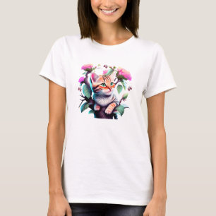 T-Shirt Acrílico De Gato De Flor Cugado