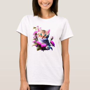 T-Shirt Acrílico De Gato De Flor Cugado