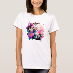 T-Shirt Acrílico De Gato De Flor Cugado