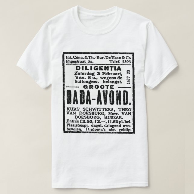 T-SHIRT ADVERTÊNCIA DE JORNAL DE ARTE DADA BRANCA E NEGRA (Frente do Design)