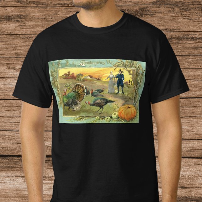 T-shirt Agradecimento Vintage com Perus e Peregrinos (Vintage Thanksgiving with Turkeys and Pilgrims T-Shirt)