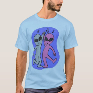 T-shirt aliens dançantes cor-de-rosa cinzas azuis por Wen