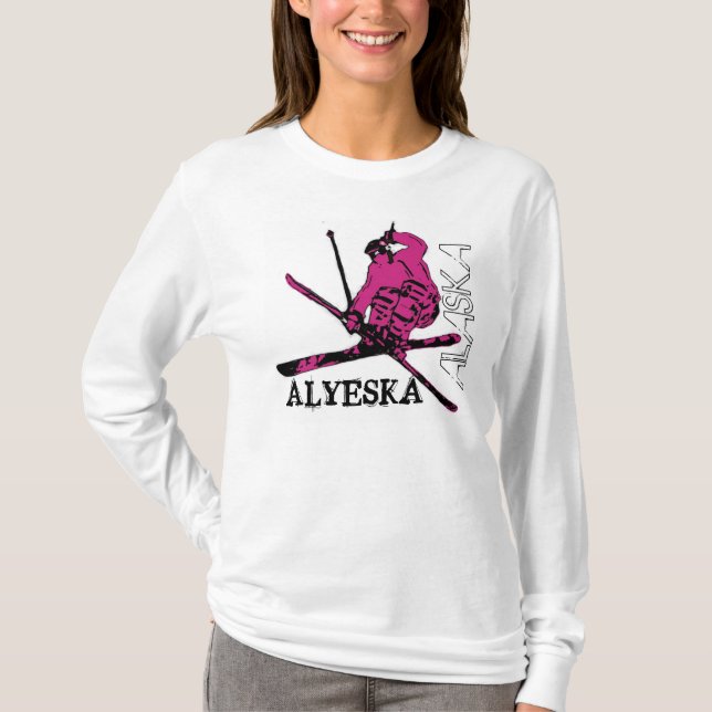 T-shirt Alyeska Alaska skier temático rosa senhoras hoodie (Frente)