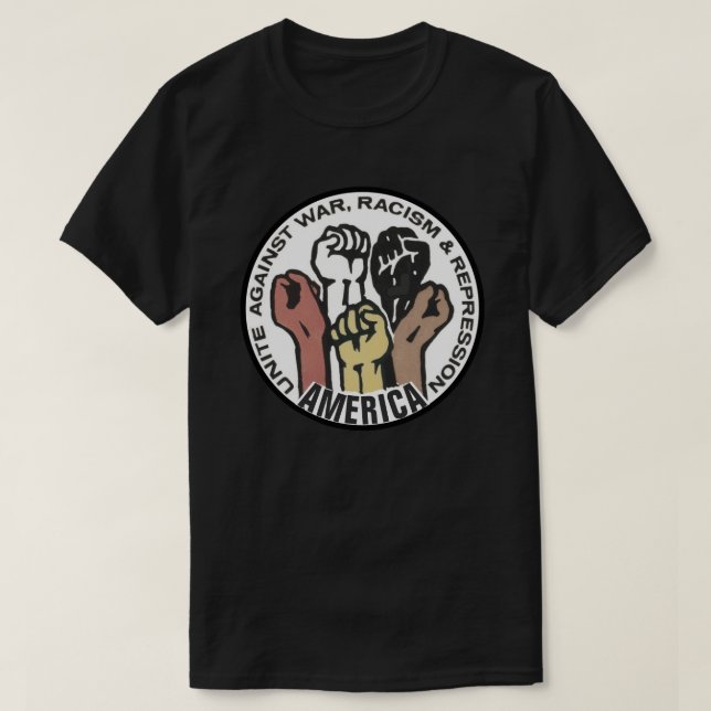 T-shirt América une-se contra a guerra, racismo (Frente do Design)