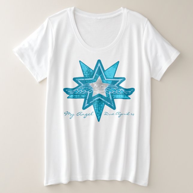 T-shirt Angel star adicione bebê scan maternidade azul e b (Frente do Design)