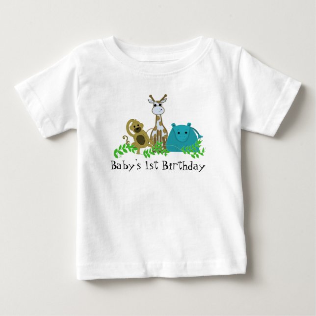 T-shirt Animais de Zoológico 1º Aniversário do Bebê (Frente)