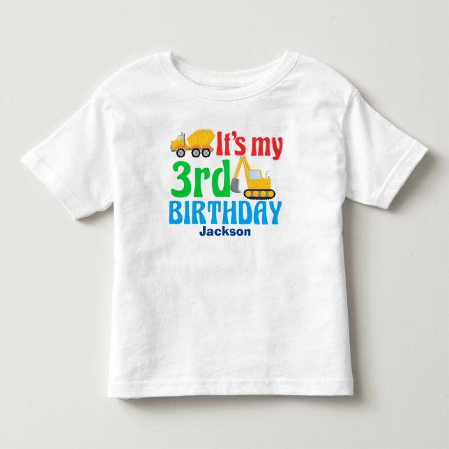 T-shirt aniversário de 3 anos Kids Construction Vehicle Pa (Frente)