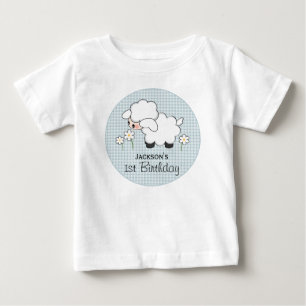 T-shirt Aniversário Personalizado de Lamb Azul Gingham