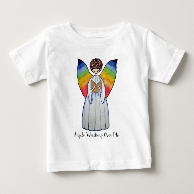 T-shirt Anjo De Aquarela Com Asas Arco-Íris Lendo Um Livro (Frente)