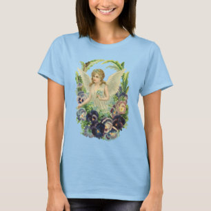T-shirt Anjo Páscoa vitoriano com Flores Pansy Roxas