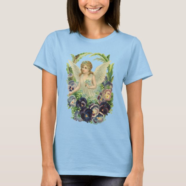 T-shirt Anjo Páscoa vitoriano com Flores Pansy Roxas (Frente)