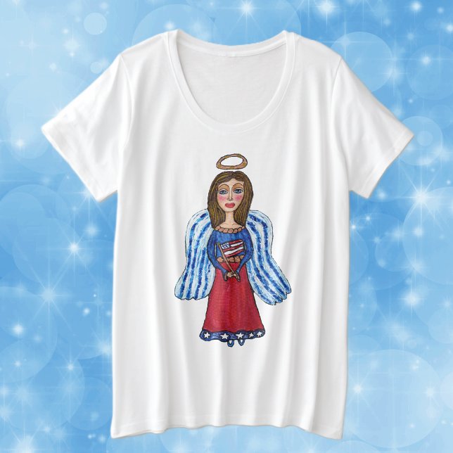T-shirt Anjo Patriótico Americano Vermelho Branco Azul Ban (Red white blue patriotic USA angel with flag and gold halo on white womans plus size tee shirt.)