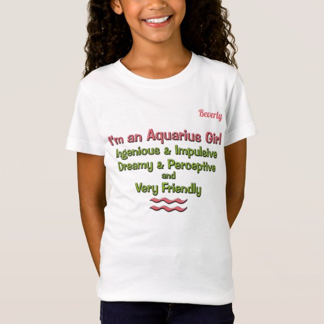 T-shirt Aquário Zodíaco rosa e verde feminino com nome (Frente)