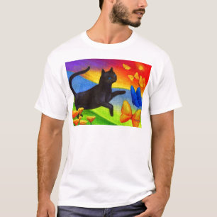 T-shirt Arte das borboletas da pintura do gato preto -