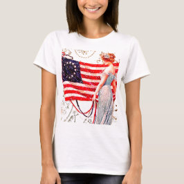 T-shirt Arte patriótica do cartão do vintage da senhora o