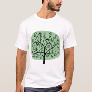 T-shirt Árvore de Flores Estilizada - Verde Desbotado
