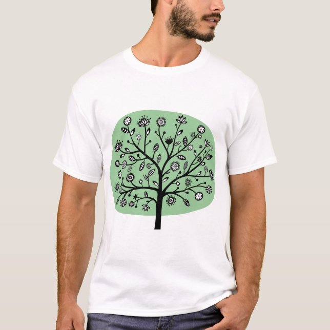 T-shirt Árvore de Flores Estilizada - Verde Desbotado (Frente)