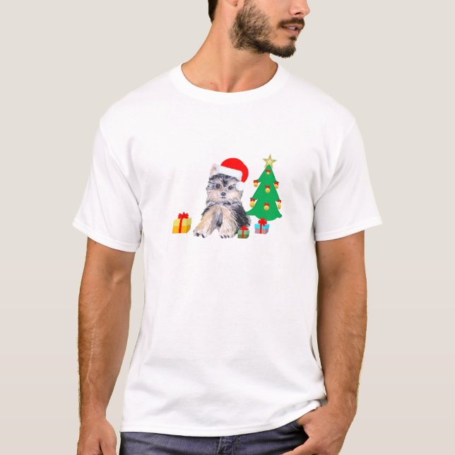 T-shirt Árvore de Natal, cachorro Yorkshire e presentes (Frente)