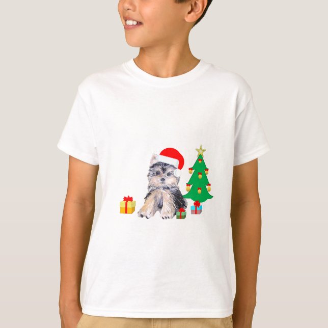 T-shirt Árvore de Natal, cachorro Yorkshire & presentes (Frente)