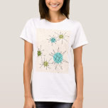 T-shirt atômico icónico de Starbursts<br><div class="desc">Este teste padrão atômico icónico do t-shirt de Starbursts caracteriza starbursts atômicos icónicos. Isso é direito! A velha escola, o fundo colorido de creme com salpicos do ouro é o contexto perfeito para a turquesa vibrante, o aipo reconfortante, e os círculos coloridos do verde kitschy da pera. Os pontos da...</div>