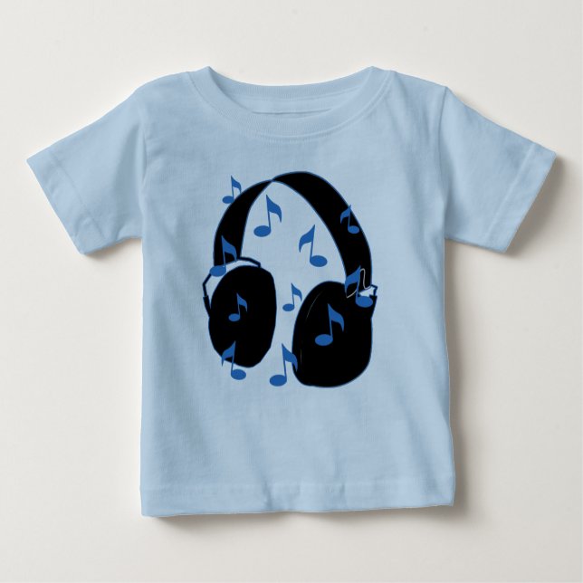 T-shirt Auriculares com notas musicais para o bebê no azul (Frente)